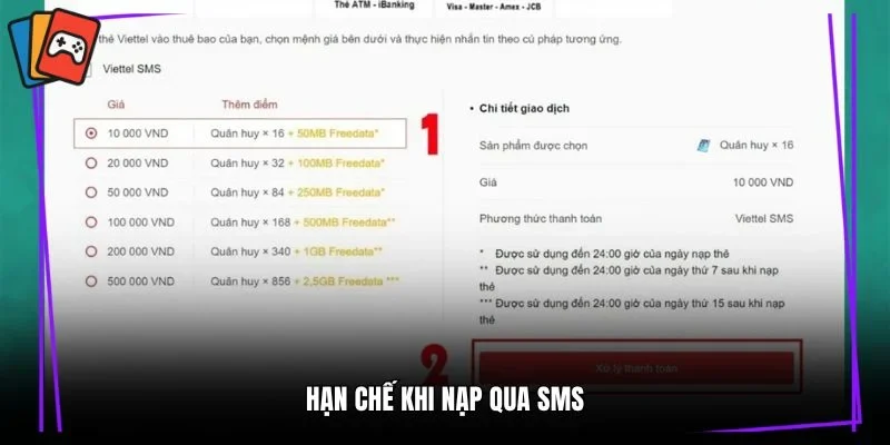 Hạn chế khi nạp qua SMS