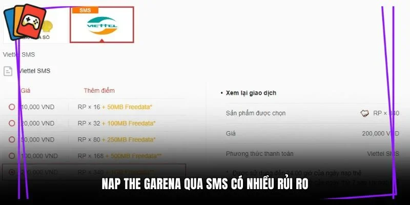 Nap the garena qua SMS có nhiều rủi ro