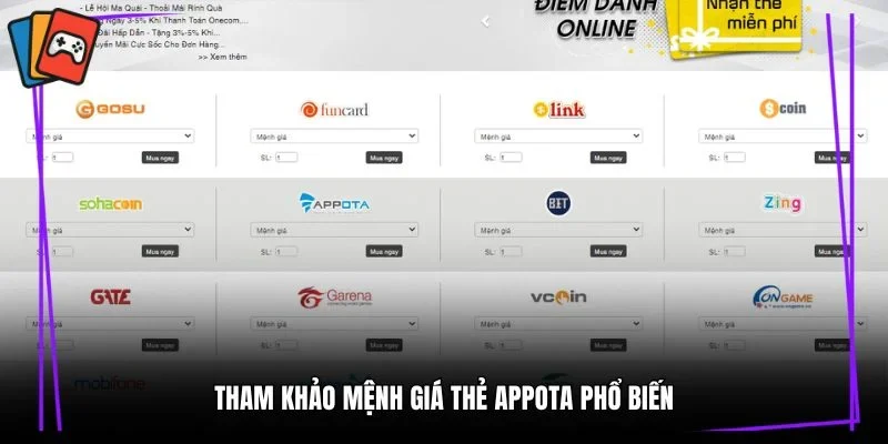 Tham khảo mệnh giá thẻ Appota phổ biến